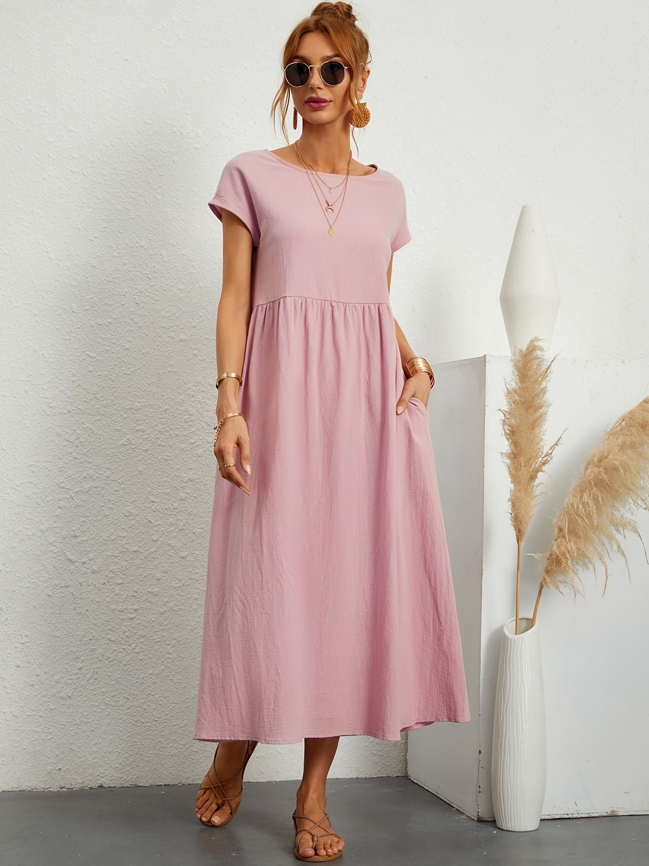 Alice | Women's Short Sleeve Loose Midi Pocket Dress