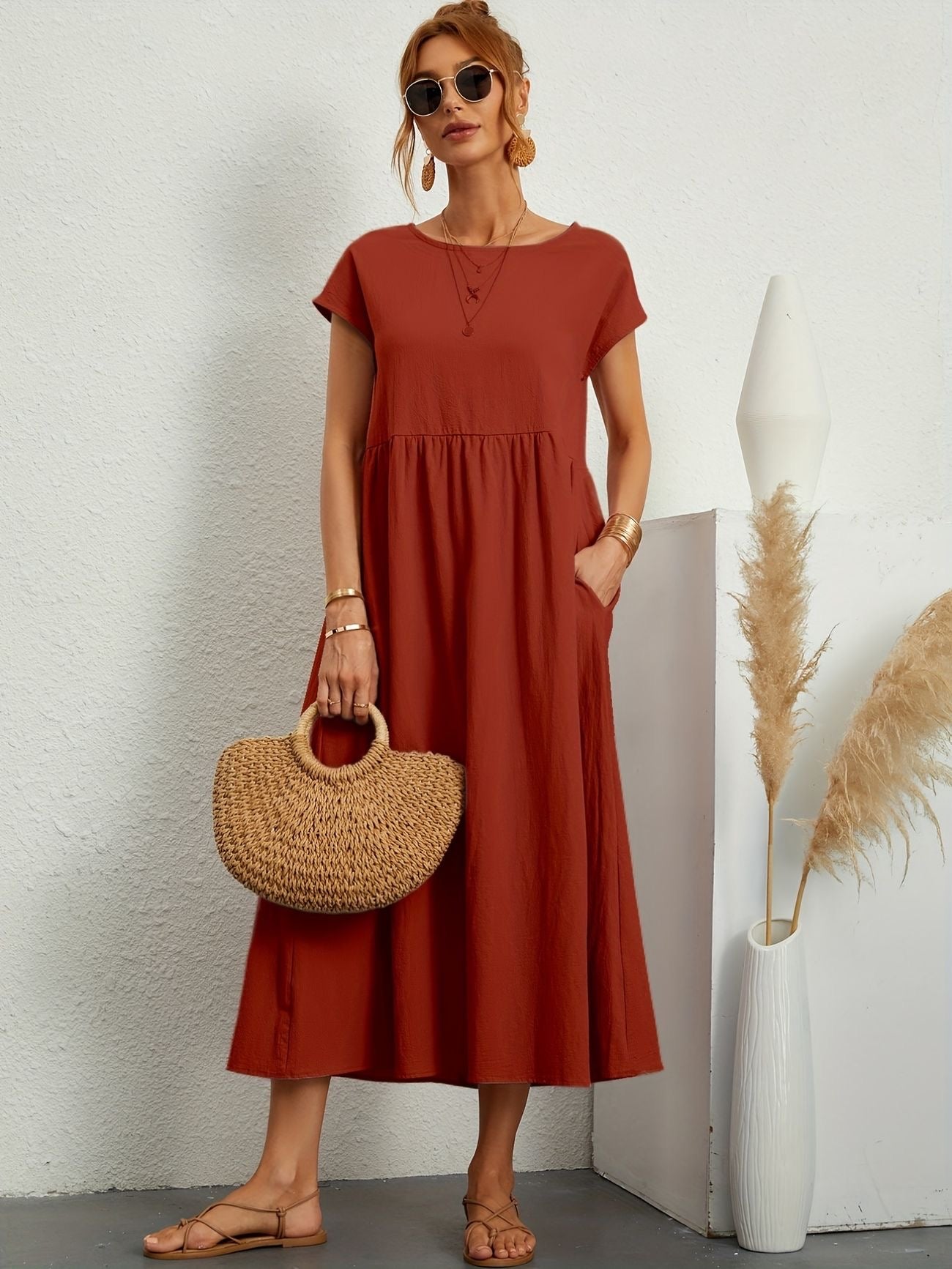 Alice | Women's Short Sleeve Loose Midi Pocket Dress