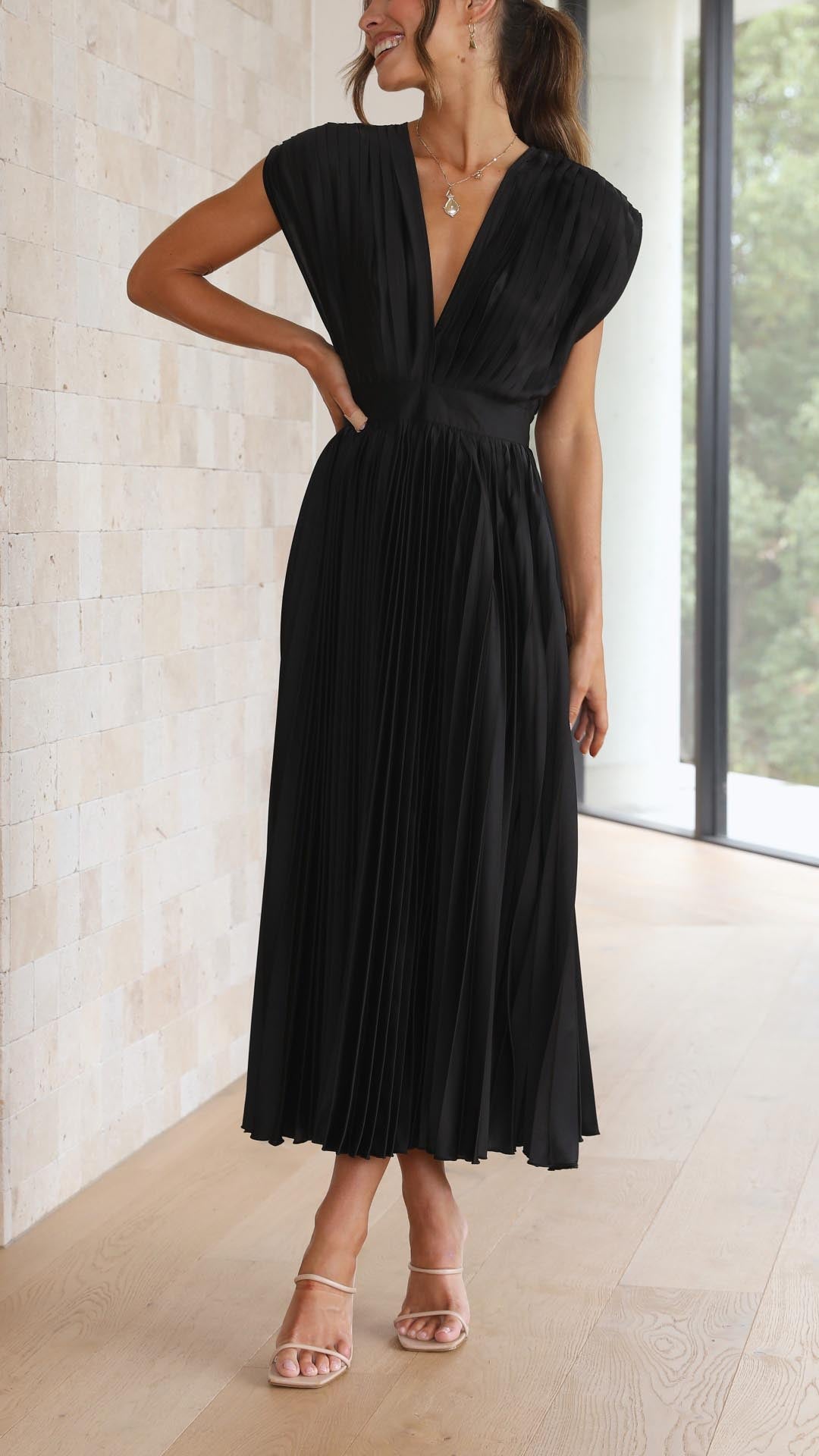Charlotte | Women's Pleated V Neck Midi Wedding Guest Dress