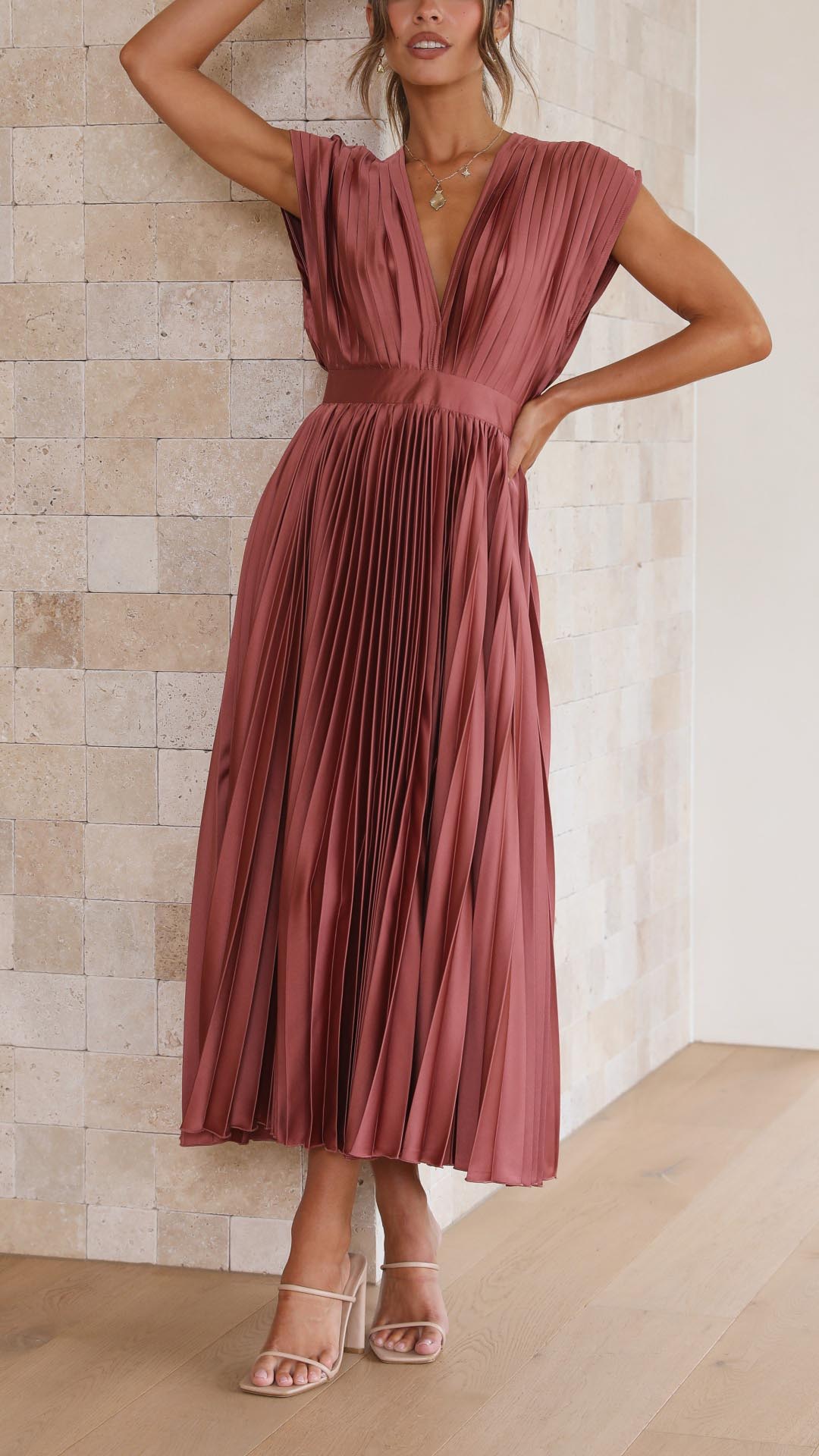 Charlotte | Women's Pleated V Neck Midi Wedding Guest Dress