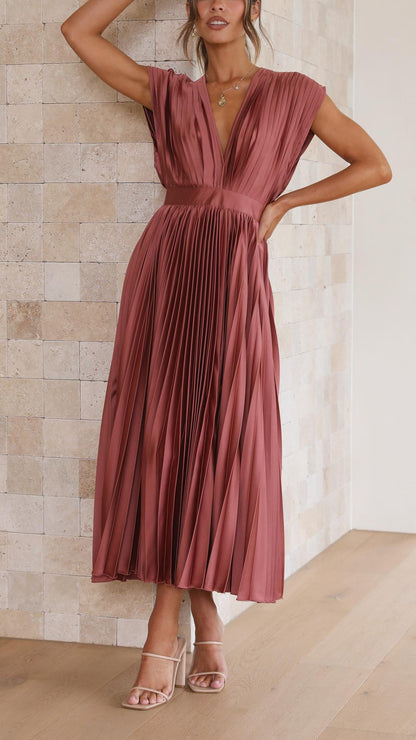 Charlotte | Women's Pleated V Neck Midi Wedding Guest Dress