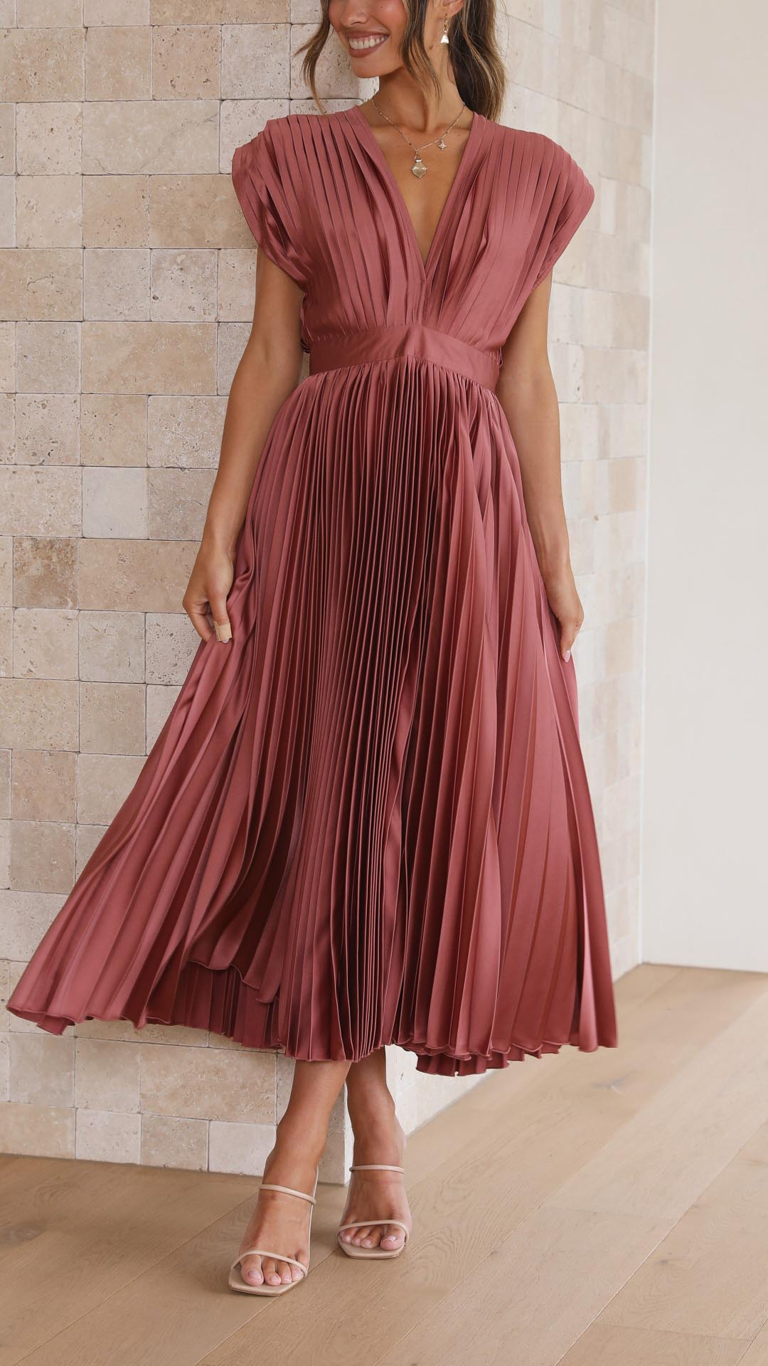 Charlotte | Women's Pleated V Neck Midi Wedding Guest Dress