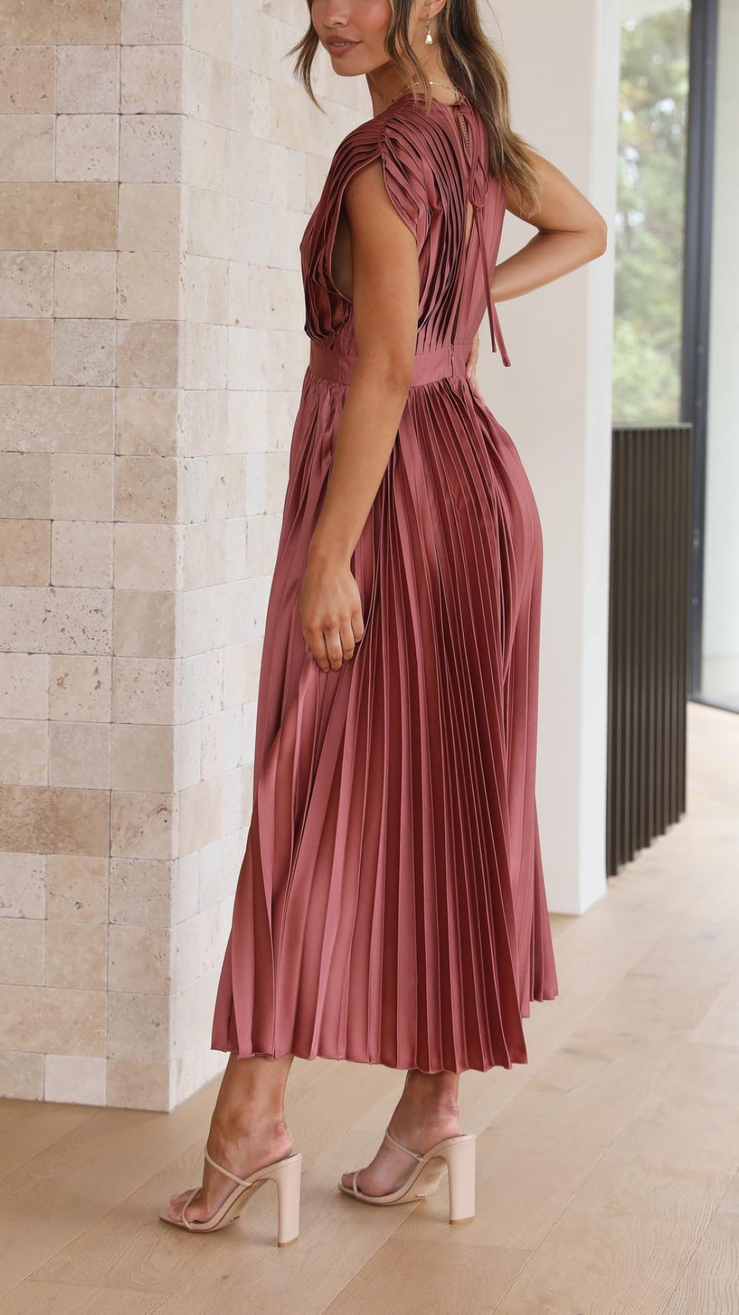 Charlotte | Women's Pleated V Neck Midi Wedding Guest Dress