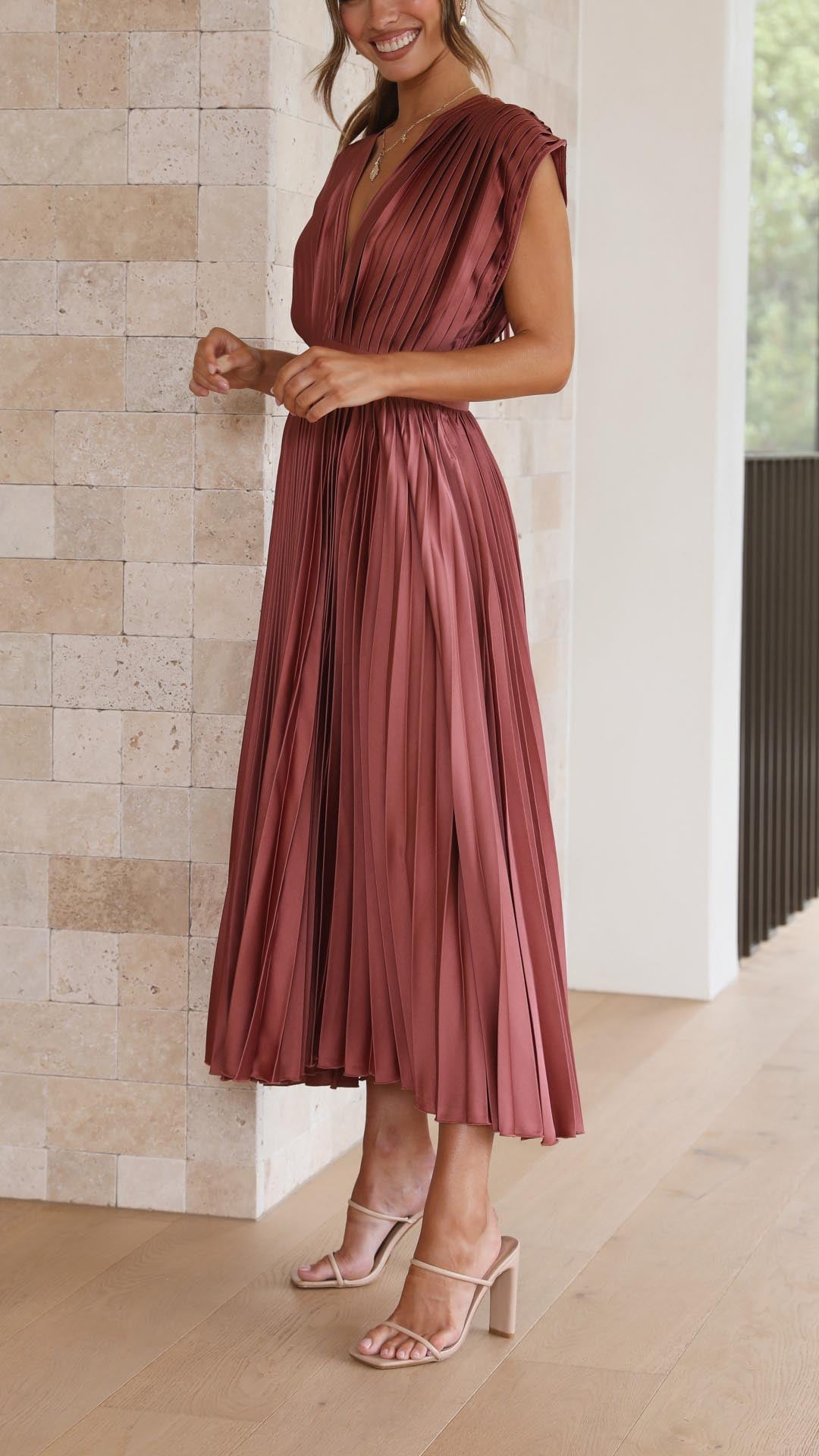 Charlotte | Women's Pleated V Neck Midi Wedding Guest Dress
