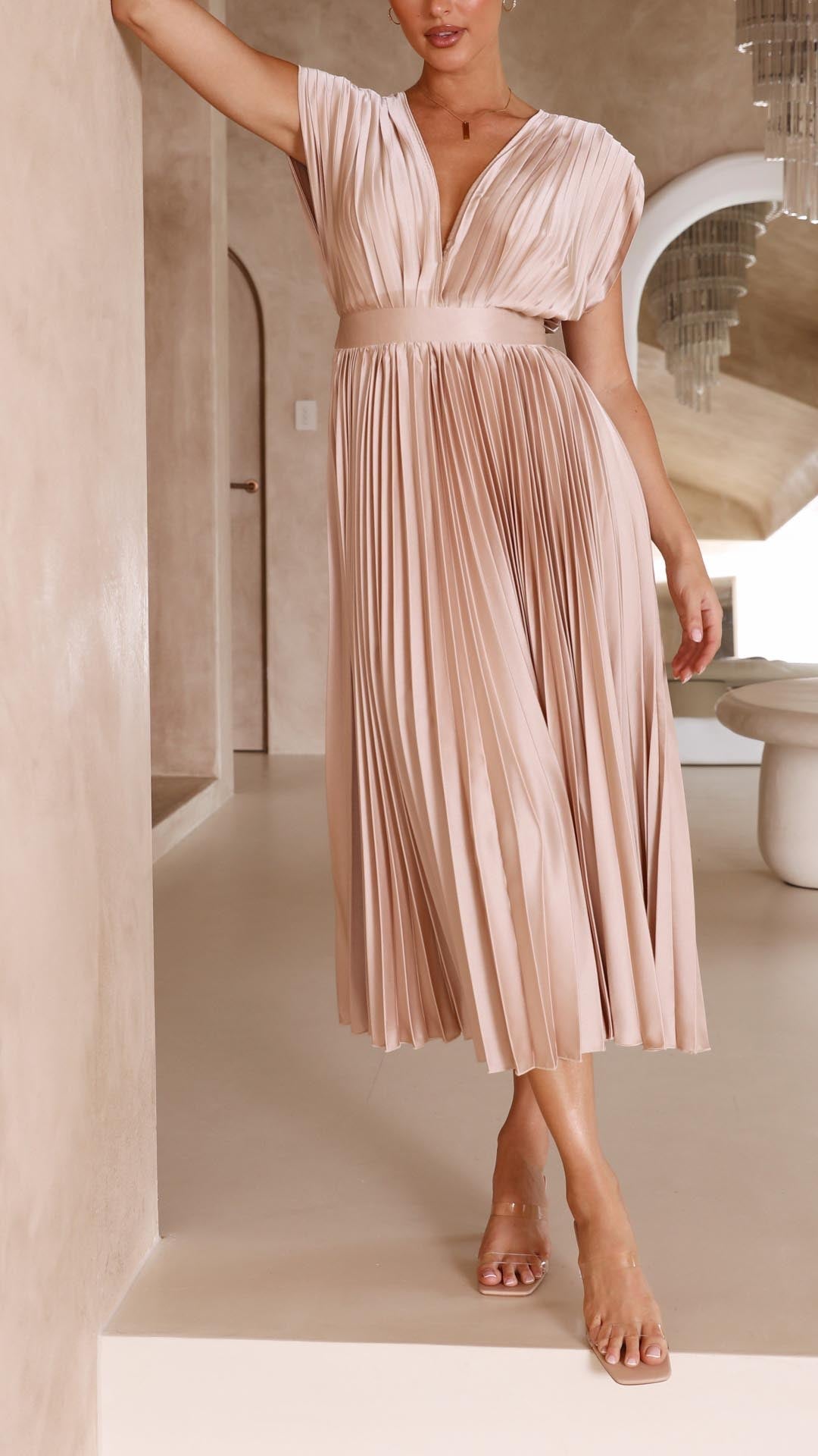 Charlotte | Women's Pleated V Neck Midi Wedding Guest Dress