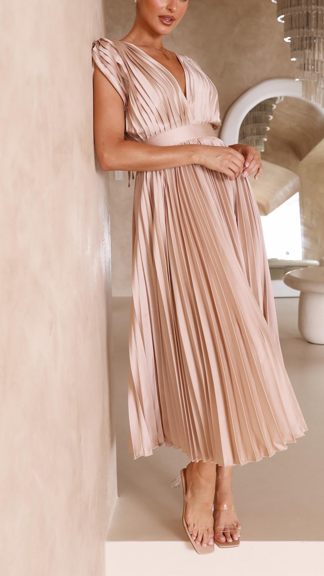 Charlotte | Women's Pleated V Neck Midi Wedding Guest Dress