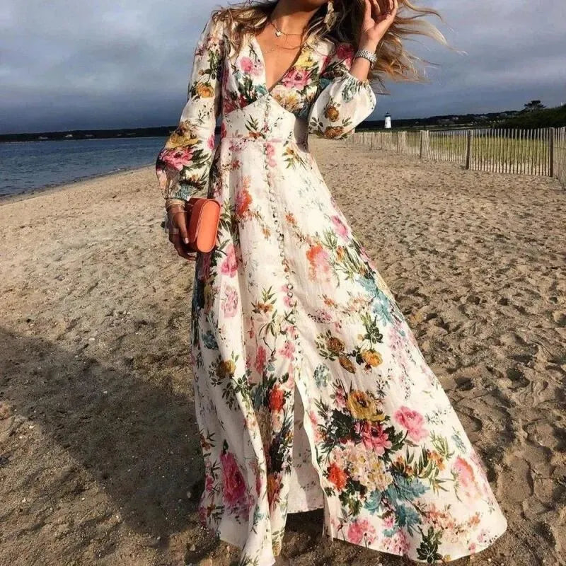 Zara | Women's Floral V-Neck Long Sleeve Maxi Dress